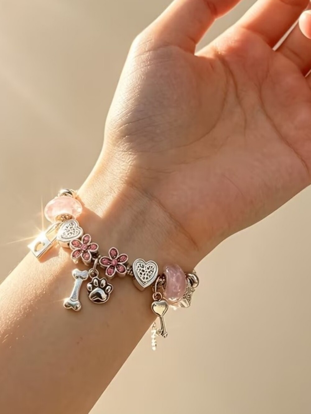 Silver Tone Charm Bracelet with Pink Beads - Picture 3 of 4